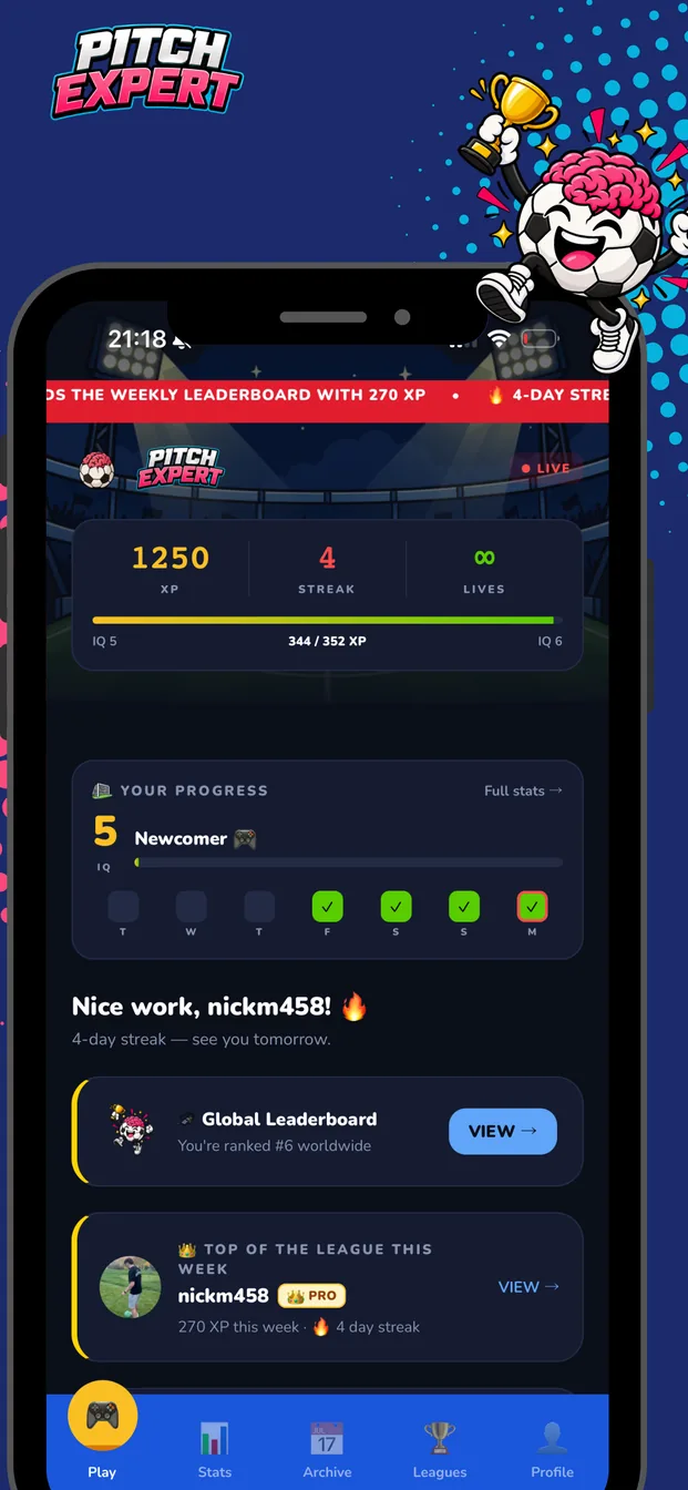 Pitch Expert home screen showing XP, streak and the global leaderboard