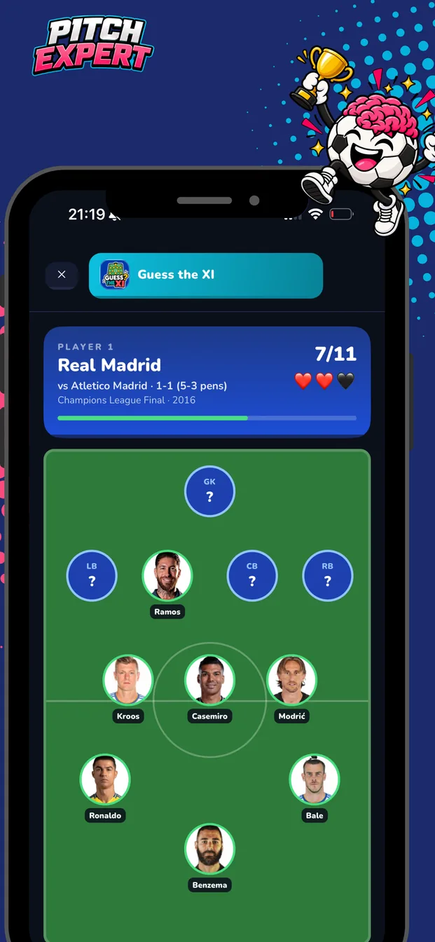 Guess the XI pass-and-play game showing a Real Madrid lineup to name