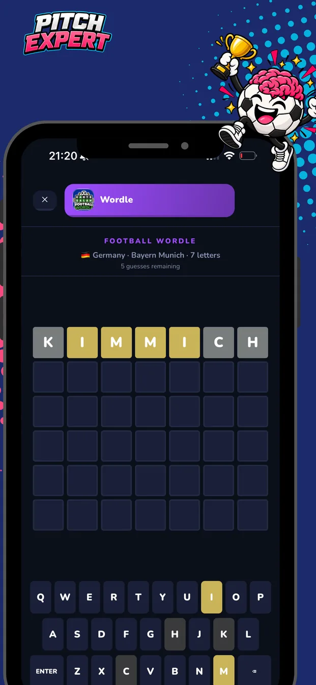 Football Wordle game guessing the footballer