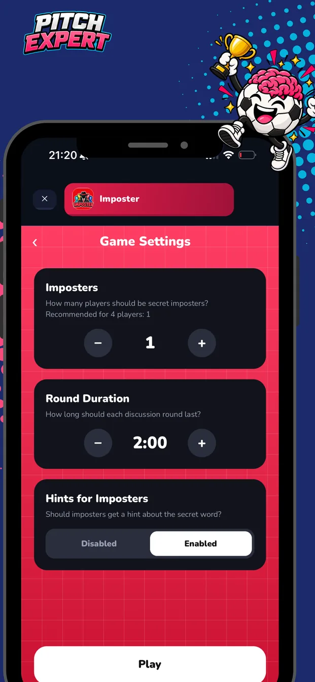 Imposter party game settings screen