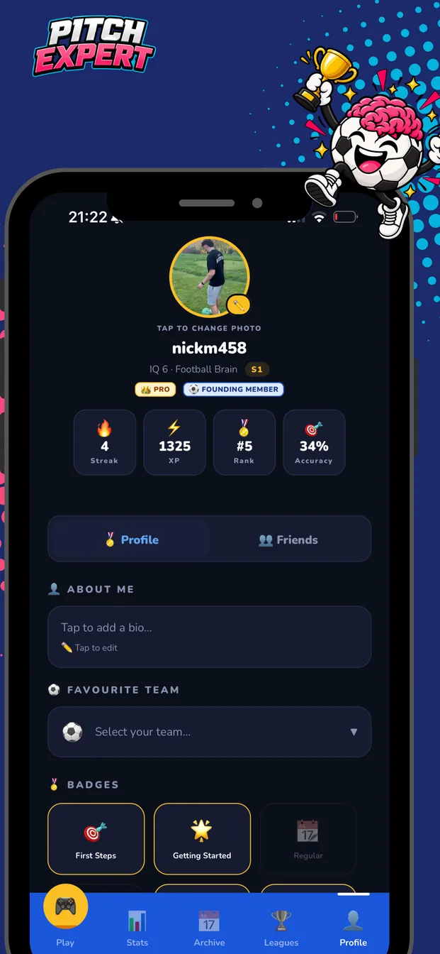 Player profile with streak, XP and badges